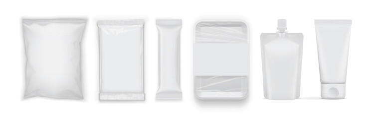 set of clean blank white food packages isolated on white background mock up 