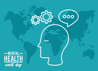 world mental health day campaign with head profile and earth maps