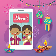 Cartoon Indian people having video call with friends or family via smartphone. Online Diwali or Deepavali celebration concept art. Video conference flat vector illustration.