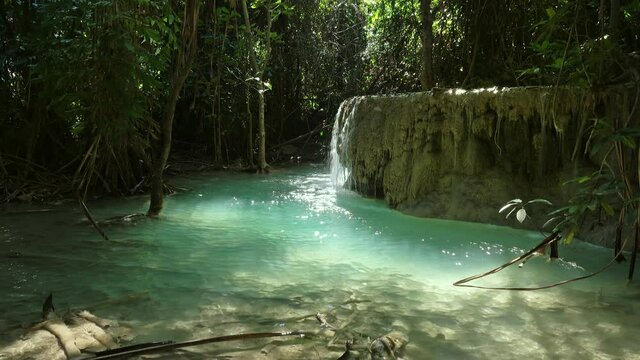 One of the waterfalls of the Erawan cascade in Kanchanaburi province, Thailand, 4k
