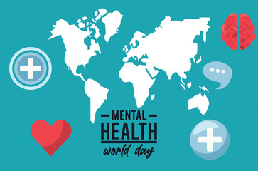 world mental health day campaign with earth maps and heart