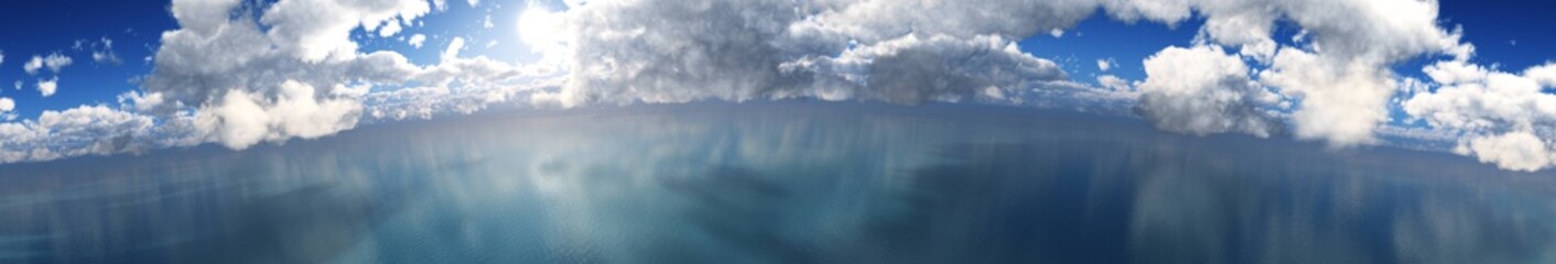 Panorama of clouds over the water, cloudy landscape over the sea, 3D rendering
