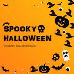 Spooky Halloween - vector background with hat witch, eye, ghost, bats, skull, pumpkin, and  place for your text