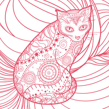 Square background with patterned cat. Hand drawn animal with abstract patterns. Line art