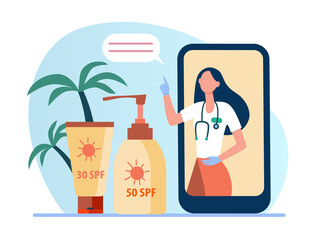 Online doctor recommending sunscreen. Phone screen, bottle of sunblock, tube of lotion flat vector illustration. Skin protection, summer concept for banner, website design or landing web page