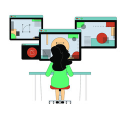 The woman designer sits and works on her devices. Vector illustration isolated on white background. 