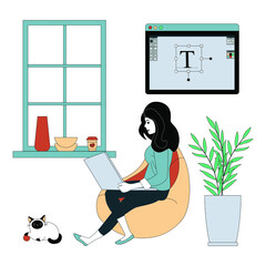 Freelancer woman is working on her laptop at home. Vector illustration isolated on white background.