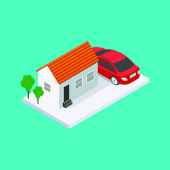 Isometric house with a car. Simple vector illustration.