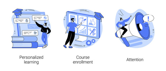 Flexible study plan abstract concept vector illustration set. Personalized learning, course enrollment, attention, apply for degree program, new student, concentration, multitasking abstract metaphor.