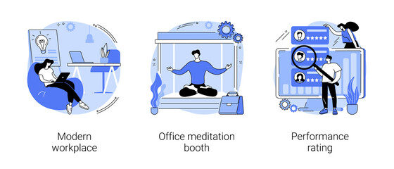 Working environment and productivity abstract concept vector illustration set. Modern workplace, office meditation booth, performance rating, employee happiness and wellbeing abstract metaphor.