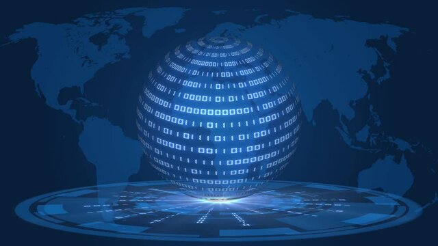 Abstract data flow movement - digital futuristic technology concept - sphere of permanently changing binary code in rotation over HUD elements in light effects - world map background