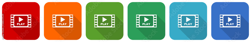 Aufkleber video icon set, flat design vector illustration in 6 colors options for webdesign and mobile applica
