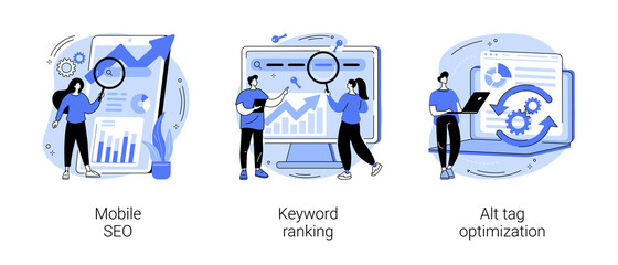 Search engine marketing abstract concept vector illustration set. Mobile SEO agency, keyword ranking, alt tag optimization, website ranking, search optimization, page navigation abstract metaphor.