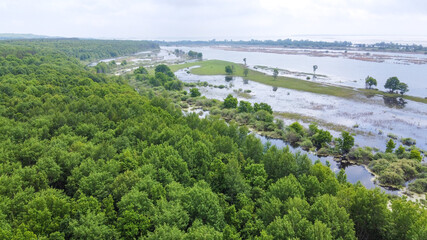 The river floods in the spring. Flooded fields and meadows