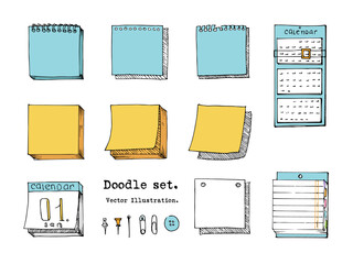 Hand drawn doodle vector set of sticky note, paper sheet, pack of paper, calendar, notepad page with pin, binder.  Cartoon style illustration. Collection of doodle icons . Sketch School 