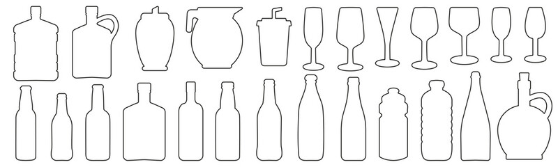 Glass, beverage and bottle outline icons set vector illustration