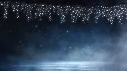 Night lanterns on a dark street. Light festive garland on a dark abstract background. Neon lighting on the street, the reflection of lights on the asphalt.
