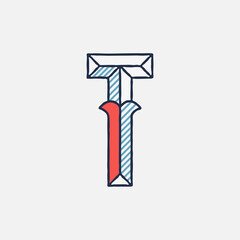 Vector condensed retro T letter logo with striped shadows.