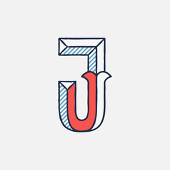 Vector condensed retro J letter logo with striped shadows.