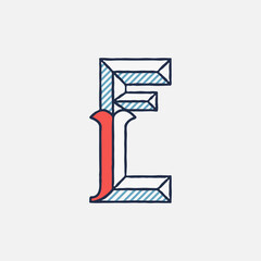 Vector condensed retro E letter logo with striped shadows.
