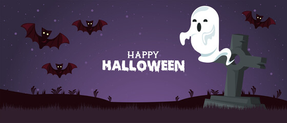 happy halloween celebration card with ghost and bats in cemetery