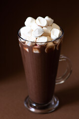 Cocoa drink with marshmallows in a glass on a brown background with festive winter decorations. Winter mood. Minimalistic monochrome composition. Selective focus. Frontal view. Vertical. Copy space