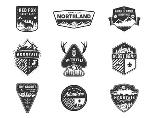 Traveling, outdoor badge collection. Scout camp emblem set. Vintage hand drawn design. Black, monochrome design. Stock illustration, insignias, rustic patches. Isolated on white background
