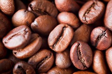 Roasted coffee beans background, Close up photo of coffee