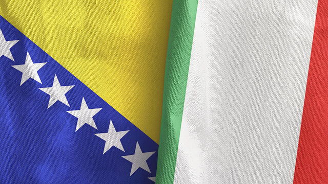 Italy and Bosnia and Herzegovina two flags textile cloth 3D rendering