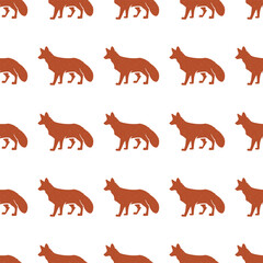 Obraz premium Red Fox pattern. Seamless background illustration with wild animal symbols, elements. Monochrome silhouette design. Stock seamless pattern isolated on white