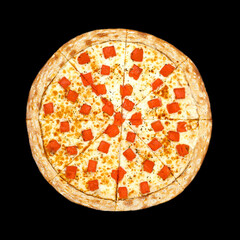 pizza on black background isolated with tomatoes and cheese