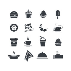 Food and drink icon set. Vector flat design web icons. Hamburger, hot dog, coffee, tea, ice cream, popsicle, French fries, donut, sushi, croissant, takeaway, slice of pizza, dish tray, cupcake.