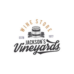 Wine shop logo, label. Organic wines.Vineyard badge. Retro Drink symbol - wine barrel, vines. Monochrome. Typographic design illustration. Stock emblem isolated on white background