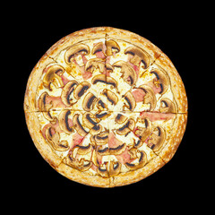 Mushroom pizza on black background isolated with cheese