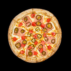 Pizza on black background isolated bacon, pepper, tomato