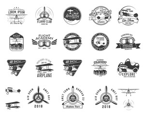 Vintage hand drawn old fly stamps. Travel or business airplane tour emblems. Biplane academy labels. Retro aerial badge isolated. Pilot school logos. Plane tee design, prints, web design. Stock
