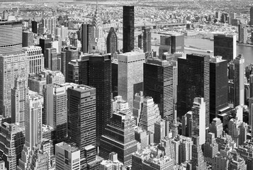 Black and white aerial picture of New York City, USA.