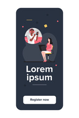 Young woman video chatting with guy via laptop. Chair, smartphone, conference flat vector illustration. Communication and digital technology concept for banner, website design or landing web page