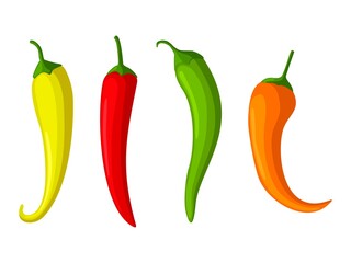 Hot red, yellow and green Chilly peppers set isolated on white background, cartoon mexican chilli, paprika icon signs. Spicy food symbols, cayenne peppers. Vector illustration