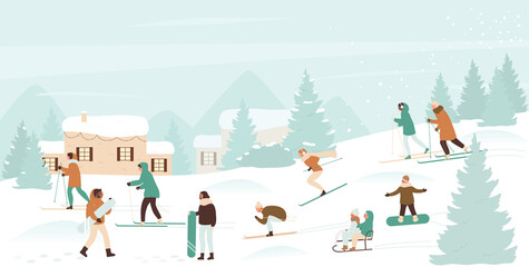 Winter sport activity vector illustration. Cartoon active ski and snowboard riders people have fun, man woman kid characters snowboarding, sledding and skiing in Christmas snow landscape background