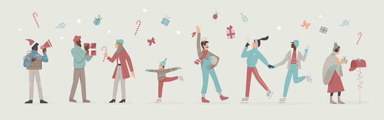 Happy people enjoy Christmas time vector illustration set. Cartoon active characters celebrate winter holidays with xmas gifts, sparklers and Christmas decorations, skate on ice rink background