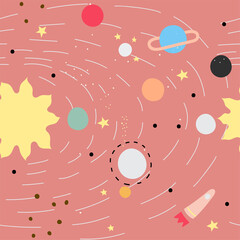 Cartoon minimalistic pattern with planets of the Solar System in flat style. Cartoon cosmos. For textiles, wallpapers, designer paper, etc