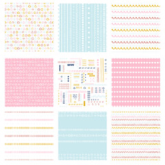 Vector seamless pattern pack Set of childish suface backgrounds Trendy customized colours Childhood hipster theme, scandinavian style geometric abstract pattern pack For printing on paper and fabric.

