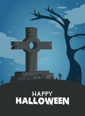 happy halloween celebration card with cemetery tomb