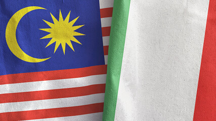 Italy and Malaysia two flags textile cloth 3D rendering