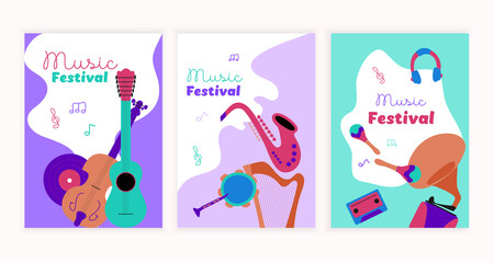3 music poster. musical instrument illustration vector. Music concept. Creative bright invitation for musical events