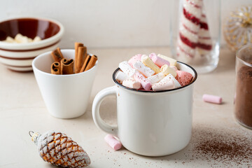 Close up of Christmas hot chocolate with marshmallow