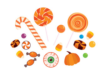 Pile of halloween candy icon set vector. Different types of candies icon set. Halloween candy collection vector. Group of sweets icon isolated on a white background