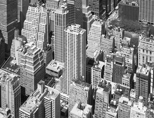 Black and white aerial picture of Manhattan, New York City, US.