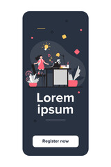 Little girl with idea looking on typewriter. Chair, desk, story flat vector illustration. Imagination and writing concept for banner, website design or landing web page